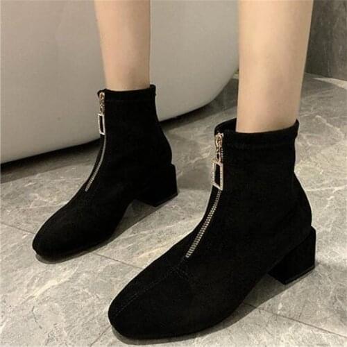 Women Flock Ankle Boots Fashion High Heel Friont Zip Square Toe Work Outdoor Shoes Female Autumn Winter Booties Zapatos Mujer