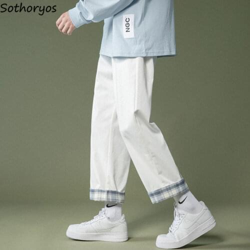 Plaid Cuffs Casual Pants Women Couples Spring Straight Cargo Loose Ankle-length Trousers Streetwear Preppy Students Harajuku Ins