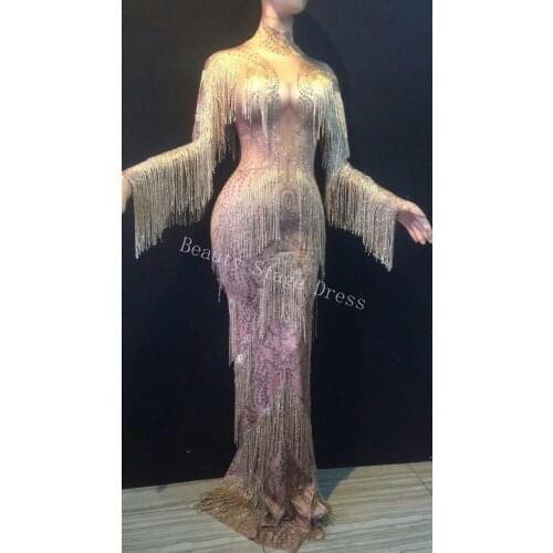 Champagne Gold Rhinestones Fringes Dress Stage Wear Big Stretch Dress Singer Evening Performance Tassel Long Dress Nightclub