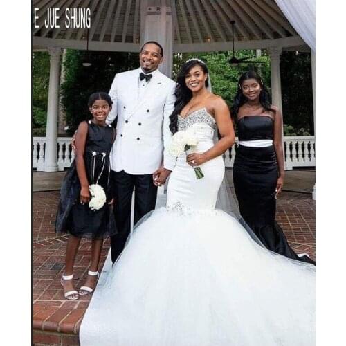 E JUE SHUNG African Luxury Crystal Strapless Wedding Dresses Mermaid Stain Bridal Dresses Lace Up Back Arabic Bridal Gowns