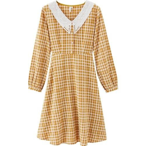 INMAN Spring Womens Dress Plaid Hollow Lapel Square Collar Elegant Young Ladies Pastoral Style Long Sleeve Female Skirt