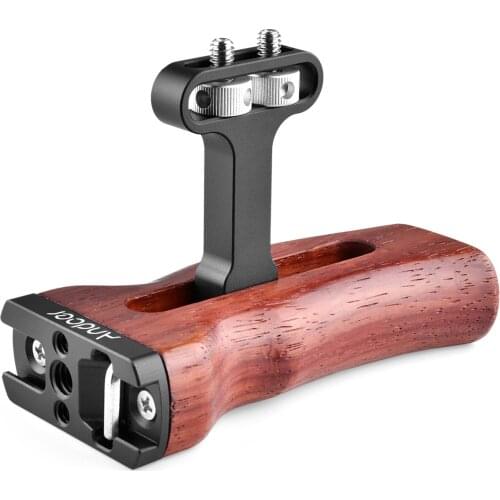 Andoer Camera Cage Wooden Handle Left/Right Side Hand Grip with Cold Shoe Mount 1/4&3/8 Inch Screw Holes Video Photography