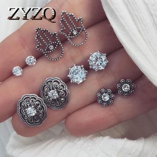 ZYZQ 5pc Flower Crystal Stud Earrings Set Creative palm Ear Rings for Women Bohemia Jewelry Travel Souvenir Accessories