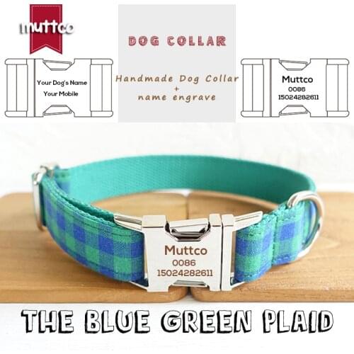 MUTTCO customized dog collar engraved puppy ID tag THE BLUE GREEN PLAID anti-lost adjustable pet supplies 5 sizes UDC073