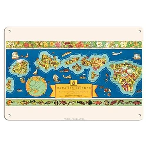 The Dole Map of The Hawaiian Islands, U.S.A. - Territory of Hawaii - Illustrated Map by Parker Edwards c.1937 Metal Tin Sign