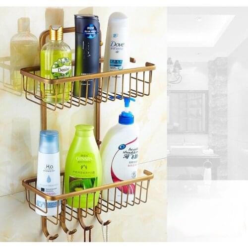 Vintage Retro Antique brass Wall Mounted Bathroom Dual Tier Shower Shelf Storage Basket With Hooks Bathroom Accessory mba109