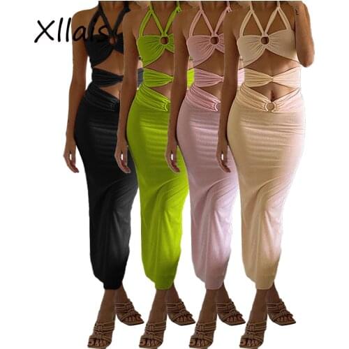 XLLAIS Casual Evening Wear Clothes Sexy Dee V-Neck Button Robe Bandage Design 2021 Ladies Summer Maxi Dresses