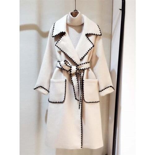 2020 Autumn Winter Fashion Wavy Side Embroidery Long Jacket Coat Women Notched Long Sleeve Thick Pocket Sashes Woolen Outerwear