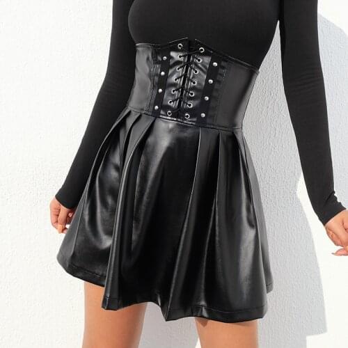 High Quality Fashion Women High Waist Skirt Sexy Pleated PU Leather Skirt Lace Up Waistband Mini Skirt Cool Punk Girl Streetwear
