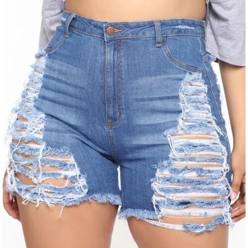 Plus Size Ripped Cut Out Denim Shorts With Tassel Women High Waist Hollow Out Sexy Hole Jean Shorts Female vetement femme 2021