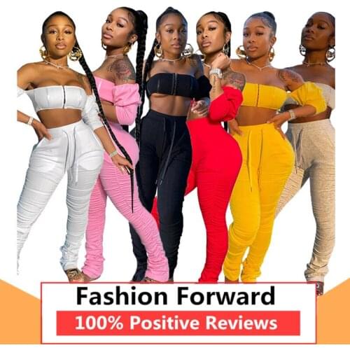 Womens Fashion Solid Color Pleated Stacked Tube Top and Micro Pant Two Piece Set