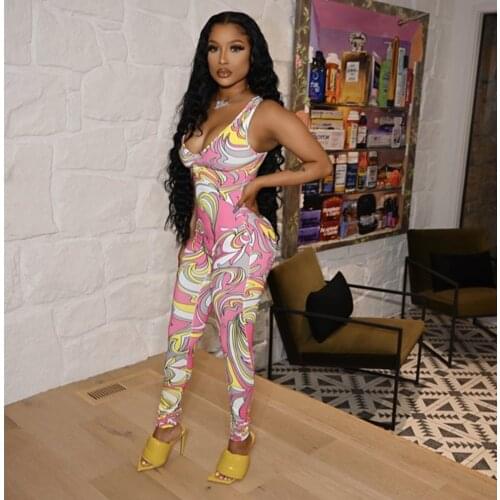 Fashion Colorful Print Rompers Womens Jumpsuit Summer Sexy O Neck Sleeveless Pencil Pants Slim Casual Sportswear Jumpsuit Women