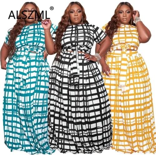 European Summer Plaid Print Skirt Set Beach Big Size Women Set Matching Two 2 Piece Set Outfits