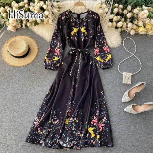 2021 spring new womens o-neck lantern sleeve lace-up print chiffon A-line dress female Chic elegant Palace style dresses