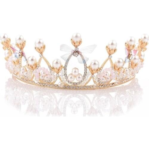 Gold Vintage Pink Beads Bridal Crowns Tiara Bride Crystal Rhinestone Butterfly Diadem Headpiece Wedding Party Hair Accessories