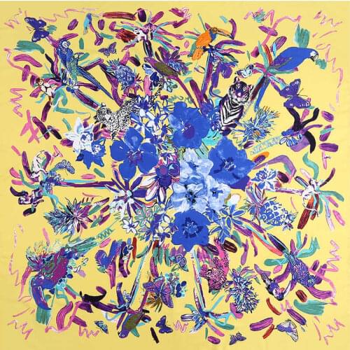 2018 hot sale Womens 100% Silk Silk Scarf Flower and animal Shawl Digital Print 130 * 130 Square Womens Silk Scarf