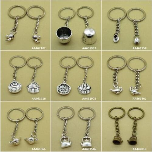 Antique Bronze Silver Keychain Keyring Keytag Key Chain Ring Kettle Water Flagon Wine Pot Teapot Cake Tea Coffee Cup Love Heart