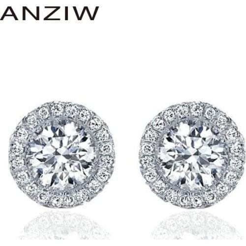 ANZIW Fashion 925 Sterling Silver Round Halo Stud Earrings Silver Elegant Stud Earring Women Wedding Party Jewery Gift