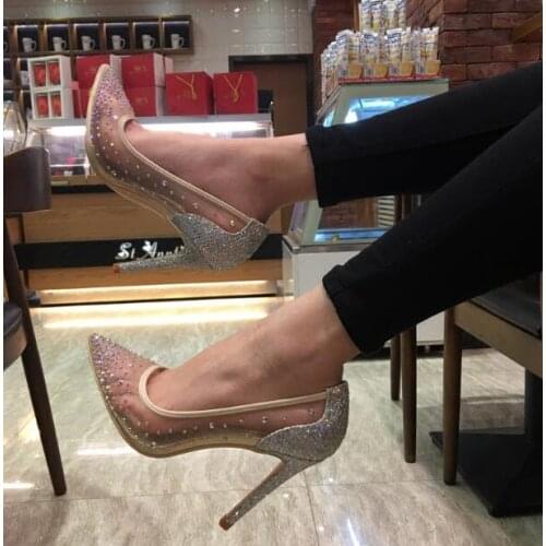 Cheap Woman Black Nude 8 cm 10 cm Mesh Lace Diamond Pointed Toe Slip On Bling Bling Pumps Sequined High Heels Wedding Shoes