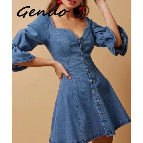 Genuo New Off Shoulder Denim Sexy Dress Elegant Bodycon Puff Sleeve Club Short Party Dress Autumn Blue Mini Jeans Dress Vestidos