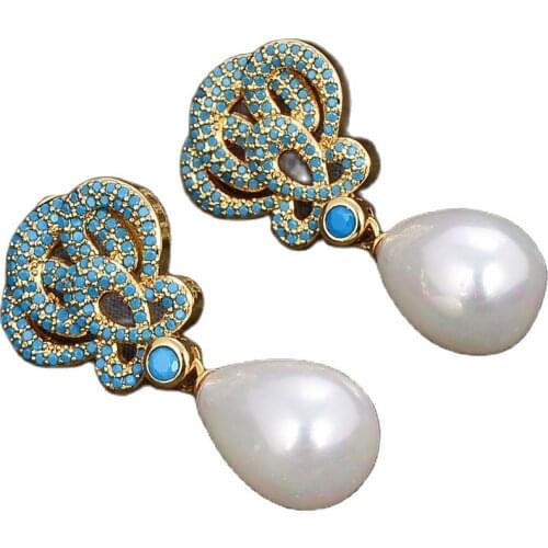 GG Jewelry Teardrop White Sea Shell Pearl Gold Plated Turquoise Blue Cz Drop Earrings