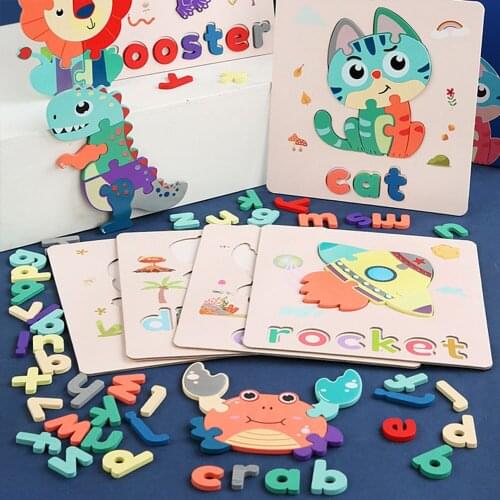 Puzzle English Word Spelling Cognitive Learning Wooden Animal Buckle 3D Educational Toy 3D Cartoon Three-Dimensional