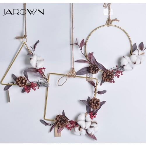 JAROWN European Style Geometry Metal Cotton Flower Garland Hemp Rope Home Wall Decor Furnishing Artificial Plant Hanging Ring