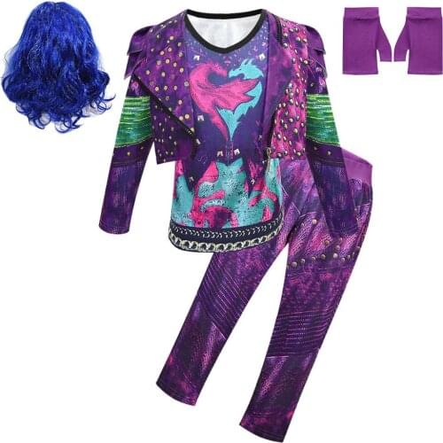 Anilnc Descendants 3 Cosplay Evie Mal Dark Blue Long Wavy Wig kids Girls Cosplay Costume + Jumpsuits halloween costume for kids