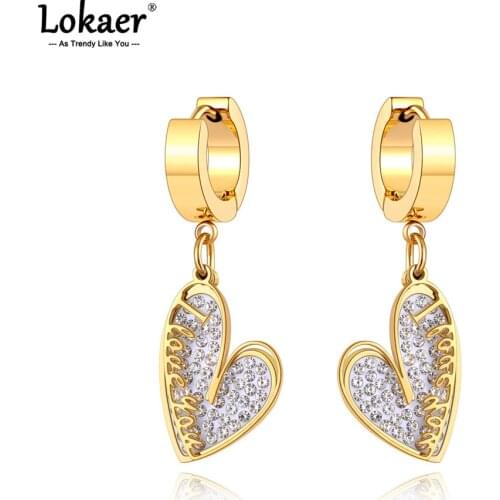 Lokaer Trendy 14K Gold Stainless Steel Bohemia Party Hoop Earrings CZ Crystal Heart Earrings Jewelry For Women Pendientes E21030