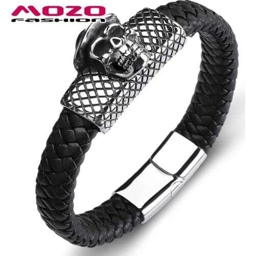 Fashion Bangle Men Hooded Skull Leather Stainless Steel Simple Bracelets Grid Collocation Punk Cuff Jewelry PS2150