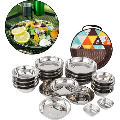 22 in 1 Stainless Steel Plate Set Portable Dinnerware Cooking Plates Bowl for Outdoor Camping Hiking Picnic BBQ Beach