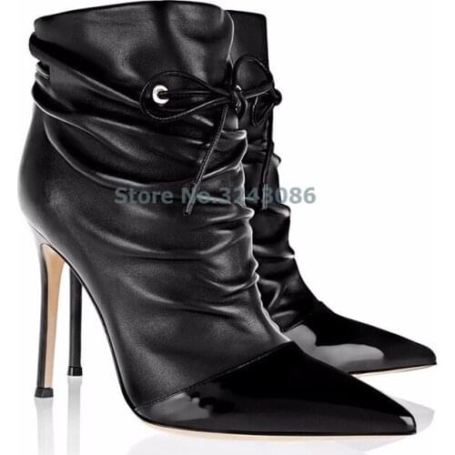 New Arrival Pointed Toe Black Sheepskin Lace Up Motorcycle Boots Dark Blue Suede Thin High Heel Ankle Boots