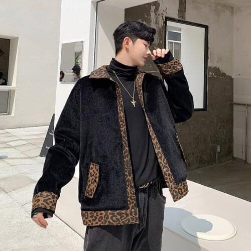 Autumn Winter Mens Leopard Thick Plush Lining Jacket Warm Casual Coat Worn on Both Sides M9