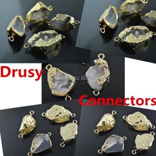 Two loops Gold plating Natural Grey Drusy Geode Agate Necklace Jewelry Connectors Free shipping 5pc per lot