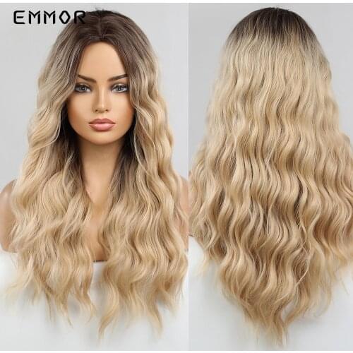 Emmor Ombre Brown to Blonde Curly Wavy Wigs Natural Soft Blond Hair Wig for Women Cosplay Synthetic Wigs High Temperature Fiber