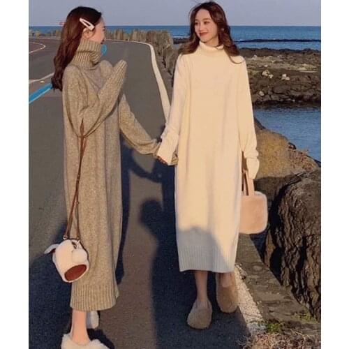 Black White Grey Casual Korean Style Solid Warm Woman Knitted Thick 2021 Turtleneck Sweater Dress Women Jumper Dresses Winter