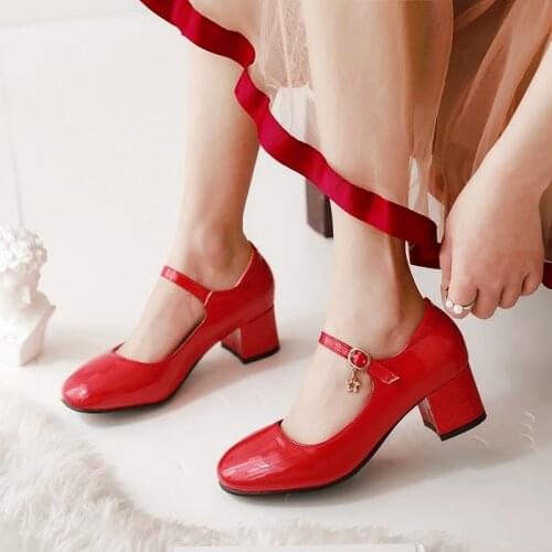 Casual Heels Shoes Women Fashion Mary Janes Shoes PU Leather Short Heel Pumps Buckle Red Black Party Wedding Shoes Ladies 34-42
