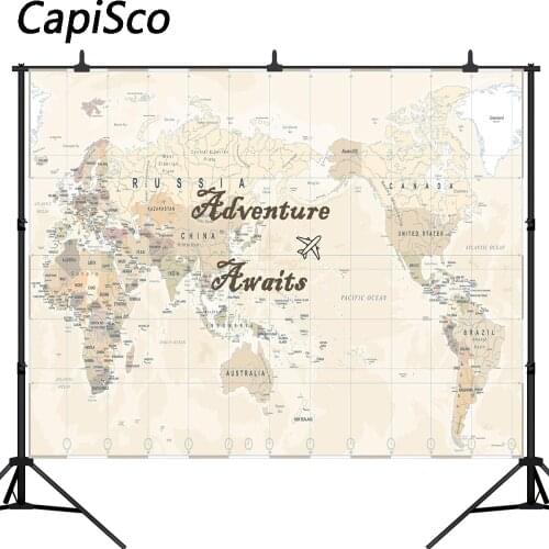 Capisco photography background Adventure Awaits travel birthday party world map backdrop photocall photo studio professional