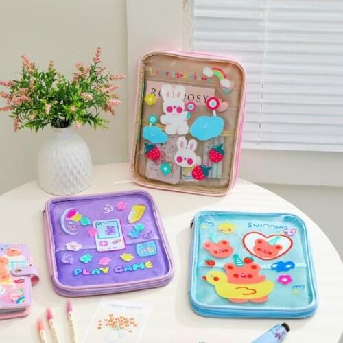 Clear Tablet Sleeve Bag Lovely Cartoon Bear Carrying Bag Transparent Bag with Storage Pockets PVC Pouches with Zipper