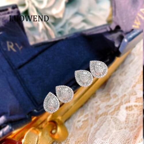 LUOWEND Real 18K White Gold Stud Earrings Female Diamond Water Drop Shape Earring Elegant Engagement Party Jewelry Design