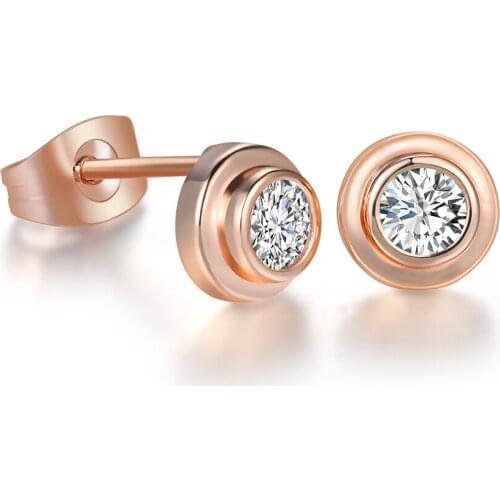 Classic Crystal Stud Earrings for Women Rose White Gold Color Fashion Round CZ Wedding Jewelry for Girls E809M