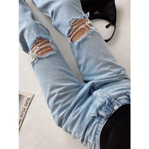 Wide Leg Pant Cut Up Baggy Jeans 90s Skater Jeans Y2k Light Blue Ripped Jeans For Women Distressed Slouchy Boyfriend Jeans