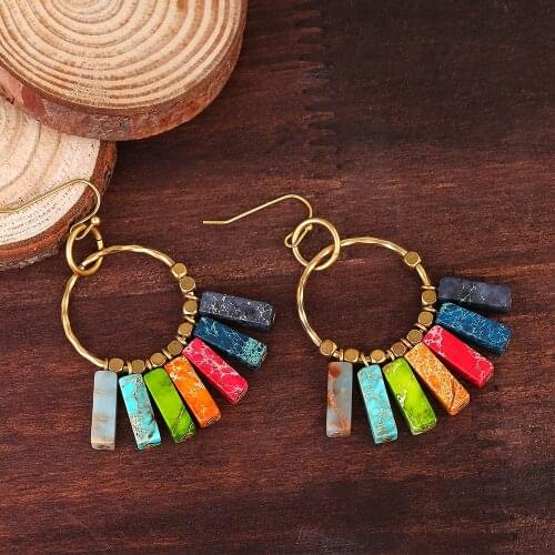 Boho Style Authentic 7 Chakra Imperial J-asper Brass Charm Dangle Earrings Dropshopping