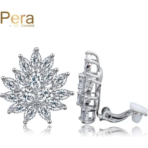 Pera High Quality AAA+ Cubic Zirconia Ear Stud Jewelry Big Flower Shape Fashion Women No Pierced Clip On Earrings For Party E254
