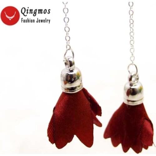 Qingmos Red Silk Flower Tassel Earrings for Women with 20*30mm Silk Flower Dangle 3.5'' Earring Fine Jewelry-ear601
