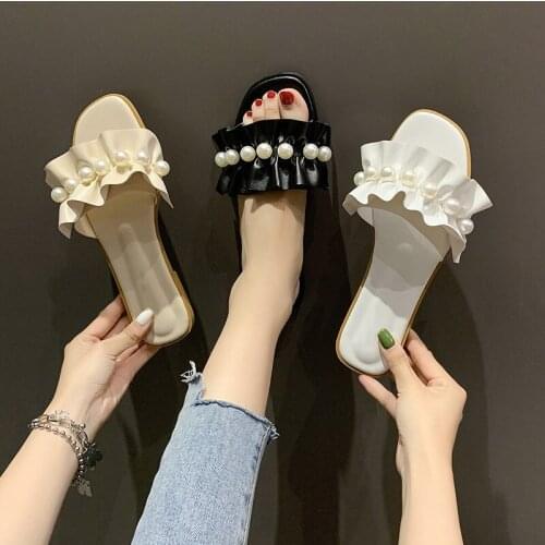 Womens Flat Slippers PU Leather Ladies Fashion Sandals String Bead Women Casual Shoes Plus Size Female Footwear lace 2021 New