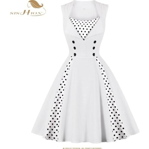 SISHION Autumn Sleeveless White Polk Dot Patchwork Women Dress SP1215 50s 60s Rockabilly Pin up Cotton Dresses