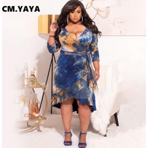 CM.YAYA Plus Size Women Tie Dye V-neck with Sashes Ruffles Mermaid Dress Streetwear Vintage Party Dresses