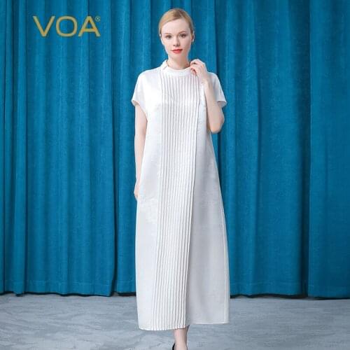 VOA Silk Jacquard Neckline Buckle Design Dresses AE781 Fold Three-dimensional Decoration Short Sleeve Loose Dress for Women