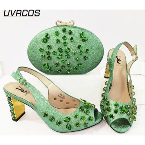 2021 Afrcian New Arrival Italian Design Nigerian Fashion Crystal Style Women Shoes and Bag Set in Green Color For Party